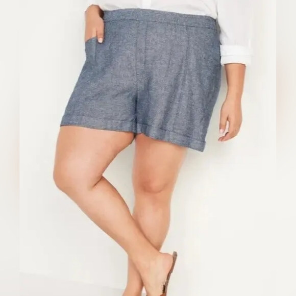 Old Navy Linen Shorts Womens Size 3XL Blue Flat Front Elastic Waist Pull On - Picture 2 of 16
